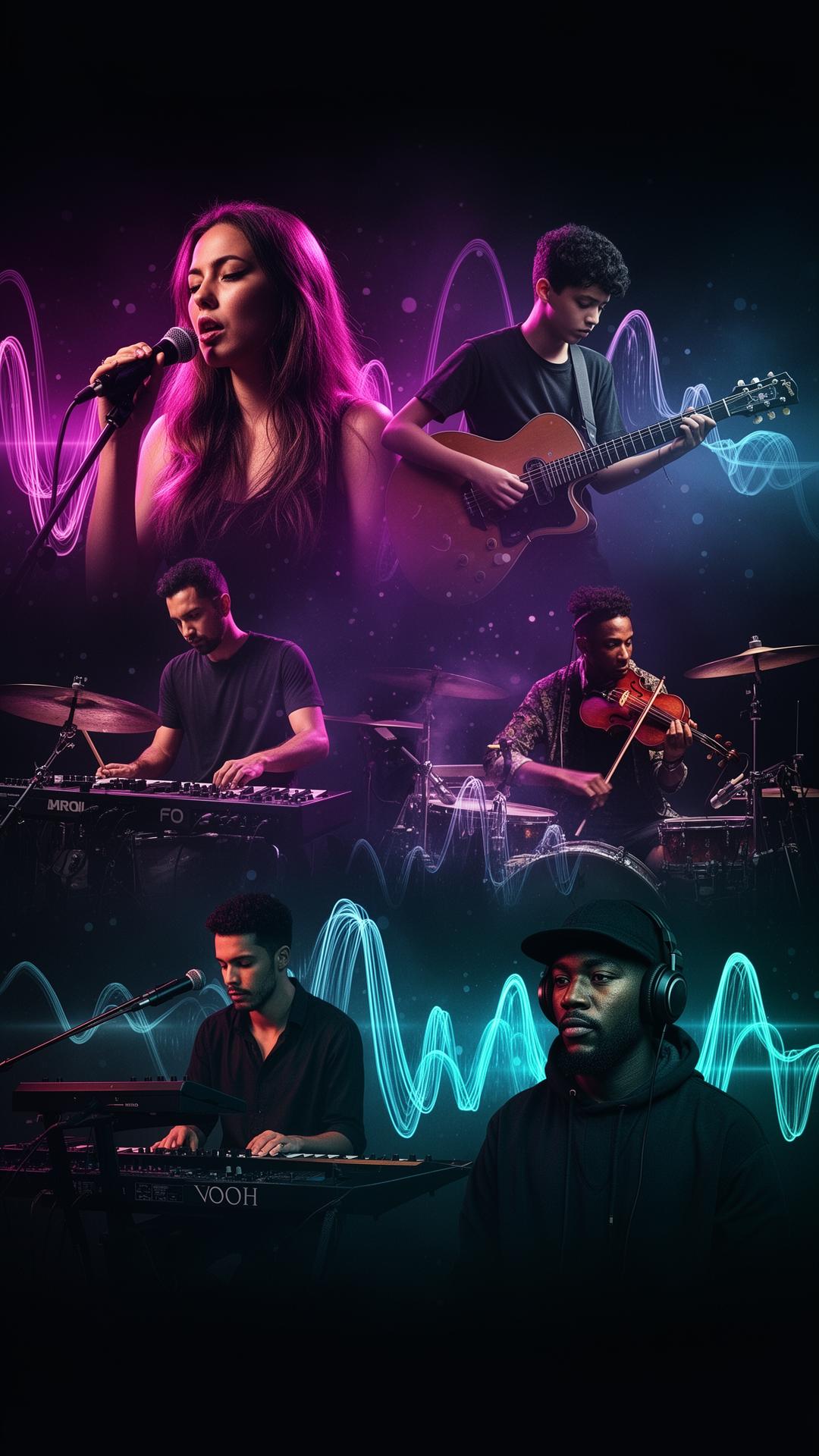 Independent musicians — singer, guitarist, drummer, producer, violinist and electronic artist — bathed in magenta, violet and cyan stage light